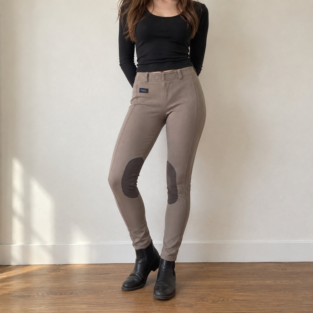 Irideon Womens Riding Pants Large Taupe Ribbed Knee Patch Equestrian Breeches